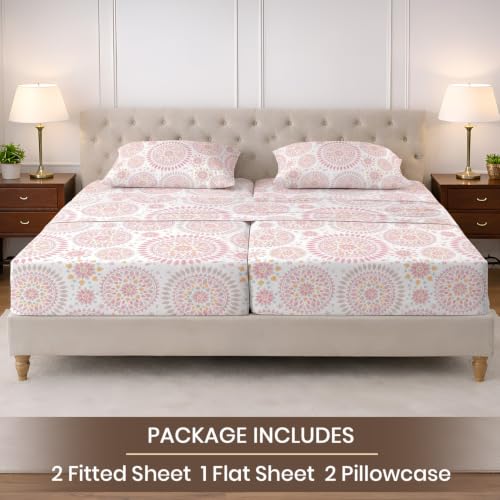 Image of SGI Split King Sheet Set for Adjustable Bed Egyptian Premium Cotton 600 Thread Count Sheets for Sleep Number Bed 15 inch Deep Pocket 5 Pc Set with 2 Twin XL Fitted Sheets Soft Breathable - Boho Mandala