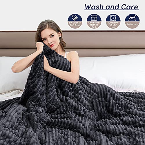 Pawque Sherpa Fleece Weighted Blanket 60 X 80 Inches 15Lbs For Adult, Thick Fuzzy Bed Throw With Ribbed Stripes, Dual Sided Cozy Fluffy Weighted Blanket With Premium Beads For Bed, Couch, Dark Grey #TOP4