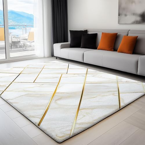 Tapis marbre blanc et or 200x200cm chic au design géométrique moderne - 4