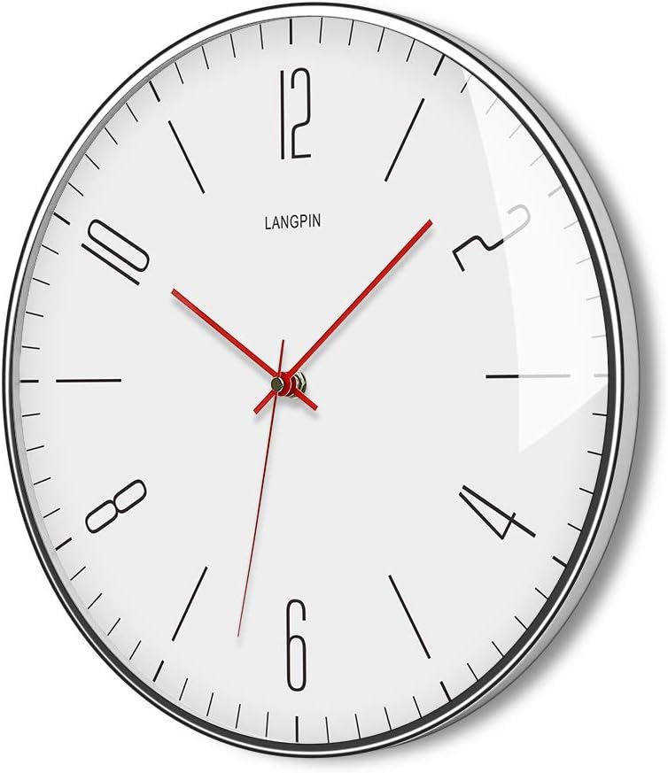 LANGPIN Silent & Non Ticking Modern Quartz Wall Clock 14"- Battery Operated Digital Quiet Sweep Office Decor Clocks,Chromeย Coatedย Metal Frame Glass Cover 903-3