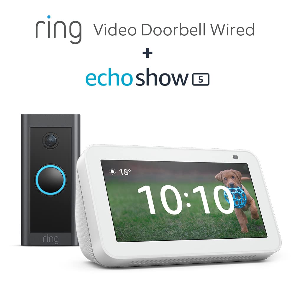 Ring Video Doorbell Wired + Echo Show 5 | 2nd generation (2021 release), smart display with Alexa and 2 MP camera | Glacier White