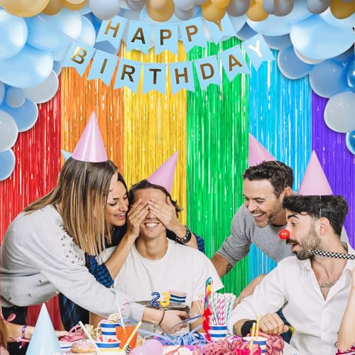 Image of 2 Pack Rainbow Foil Fringe Curtains Streamers Party Decorations 3.3 x 8.2 ft, Tinsel Curtain Fringe Backdrop for Parties, Door Fringe Birthday Streamers, Barbie Backdrop Birthday Party Decorations