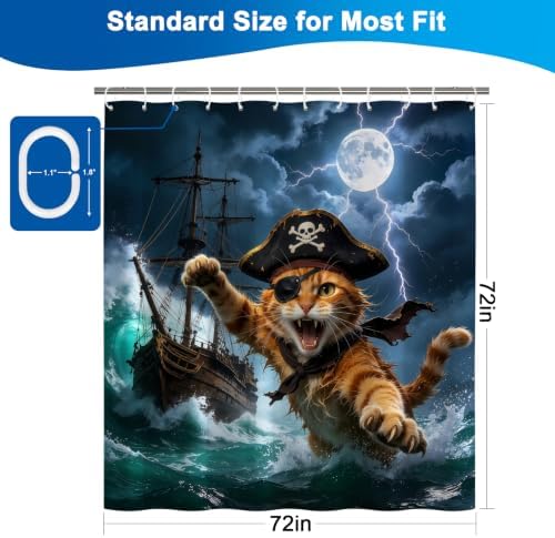 Ocean Pirate Cat Waterproof Nautical Bathroom Shower Curtain Set with Hooks - 1