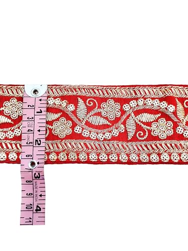 Image of Embroidery Gold Work with Sequence Design Lace Border Falls for Saree, Kurti, Dresses, Bandhani, Lehenga, Decorative Ribbon (6.5 cm Width) (3 Meter, Red)