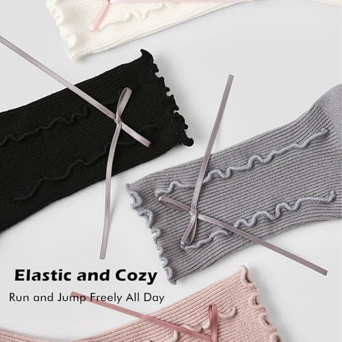 Girls Socks Crew Socks Mid-Calf Ruffed Lace Cuffs Bow Ribbed Lines Design Solid Fashion Socks for Girls 1 Pair4