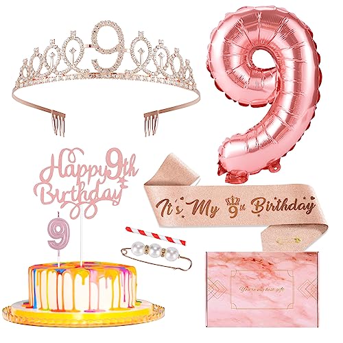 9th Birthday Decorations for Girls, Including 9th Birthday Sash,Rose Gold Rhinestone Crown Tiara, Cake Topper, Number Candles and Balloons Set, 9 Year Old Birthday Gifts for Girl Party Favor Supplies
