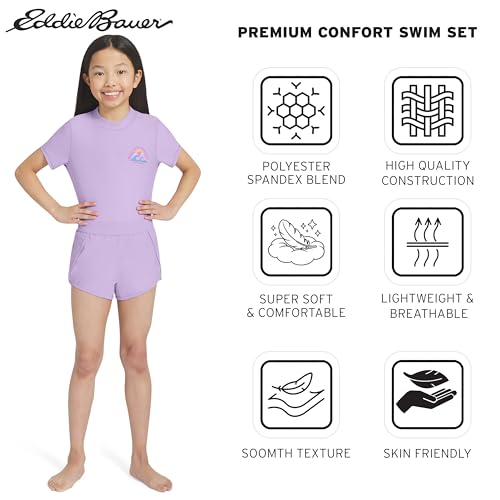 Image of Eddie Bauer Girls' UPF 50+ Rash Guard Sun Tee Shirt and Swim Short Set