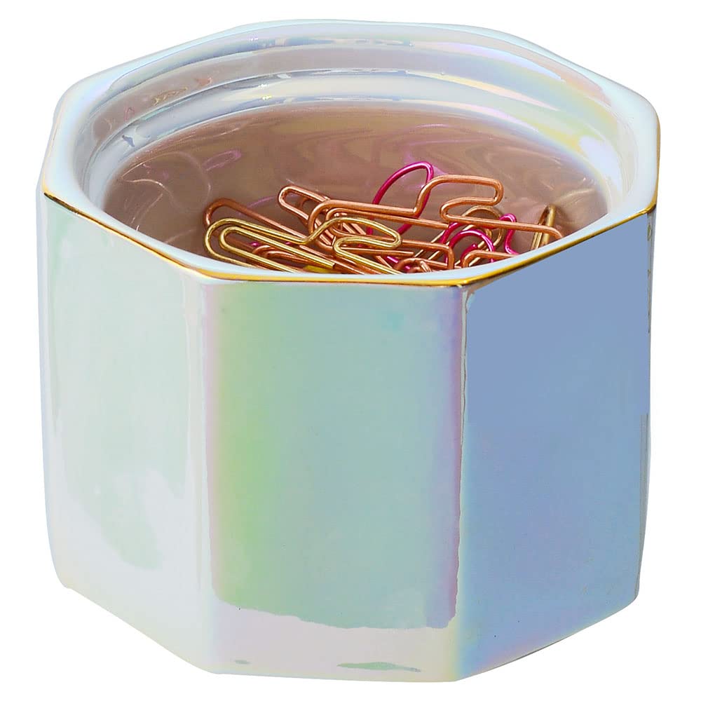 Paper Clip Holder Ceramic Octagon Marbling Paper Clip Dispenser for Desk Paper Clip Organizer Office Binder Clip Holder (Pearl)