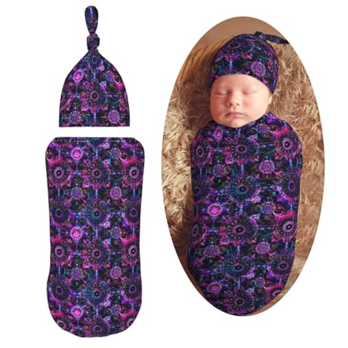 Image of Neon Bohemian Mandala Newborn Swaddle Blankets Hat Sets Soft Baby Receiving Blanket Swaddle Sack for Baby Shower Infant Boy Girl Gift