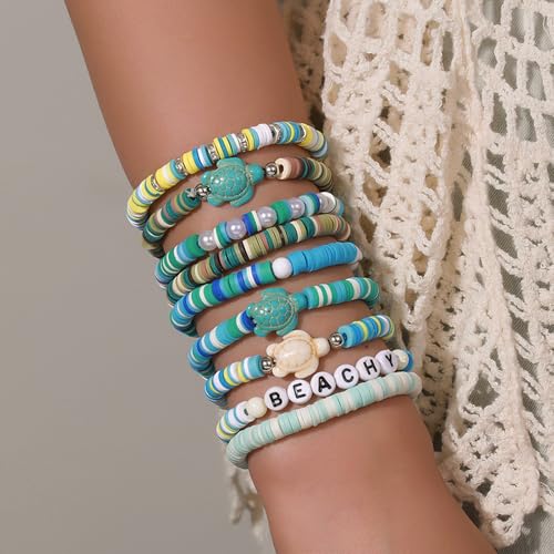 Beaded Bracelets for Women Turtle Bracelets Stackable Gold Polymer Clay Beads Boho Summer Beach Bracelet Set TG4826