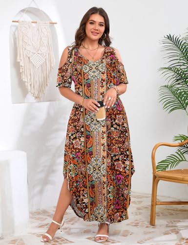 Image of JollieLovin Womens Plus Size Casual Summer Maxi Long Dress Cold Shoulder V Neck Beach Sundresses