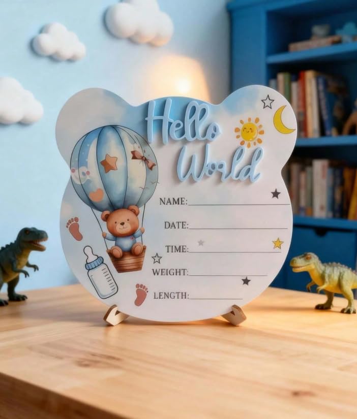 Hello World Birth Announcement Wooden Baby Photo Prop Disc, Bear Hot Air Balloon Theme, 15cm, for Boys and Girls image 4