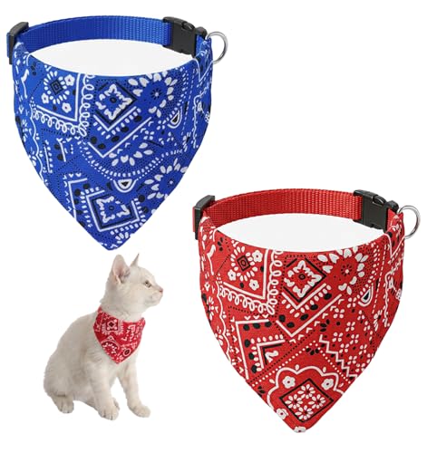 Thrymme 2 Pcs Cat Bandana Collar Adjustable Cat Scarf Bandana for Cats Soft Polyester Pet Triangle Collar for Kittens Small Dogs Red & Blue(S)
