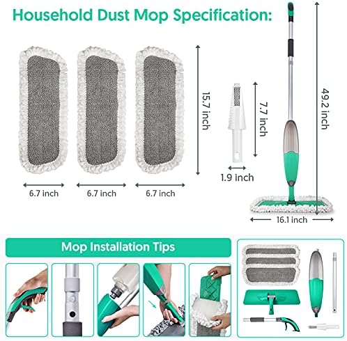 Spray Mop for Floor Cleaning, TINA&TONY Microfibre Hardwood Floor Mop Dry Wet Kitchen Mop with 3 Washable Mop Pads & 635ML Refillable Bottle, Dust Mop Spray for Laminate Tile Vinyl Floors, Green