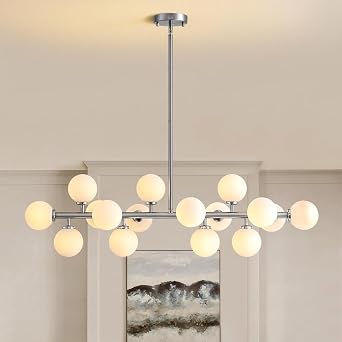16 Light Large Chandelier Gold Glass Dining Room Light Fixtures, White Glass Shade, E26 Base, Branch Height Adjustable, Pendant Light for Dining Room Living Room Kitchen Sliver