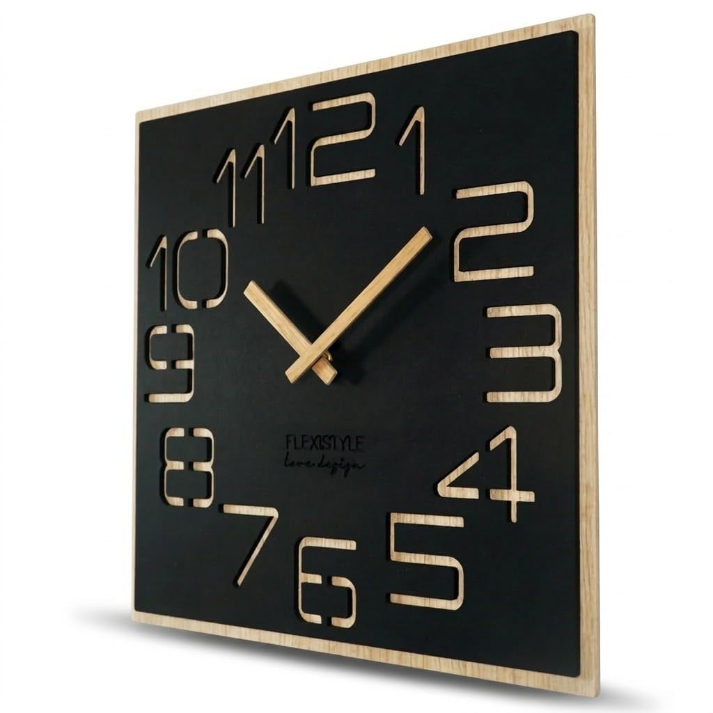 Orologio da parete grande effetto legno Digits ECO, quadrato, silenzio, soggiorno, camera da letto, prodotto in UE (nero, 40 cm)
