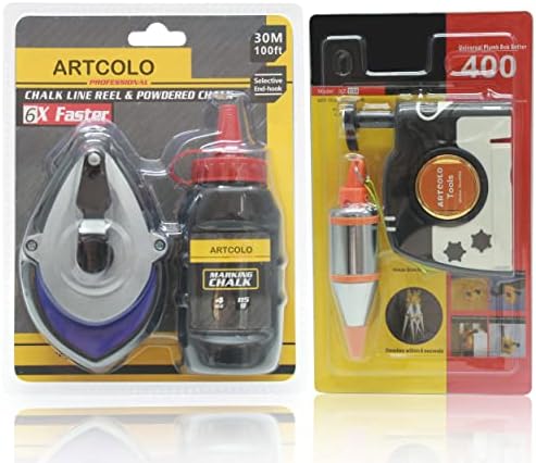 ARTCOLO Chalk Reel kit - Six Gear Quick Retrieval Chalk Lines,100ft(30m) Line Included in Chalk Box,4oz Red Chalk Powder & Magnetic Plumb Bob Kit - 15 oz(425g) Plum Bob With 26 ft(8m) String