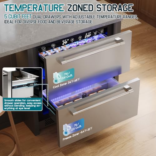 Image of Albott 24 Inch Under Counter Drawer Fridge, Dual-Zone Beverage Refrigerator | Stainless Steel Design, LED Touch Control, Adjustable Storage, Frost-Free, Low Noise, 34℉-68℉, -0.4℉ to 32℉