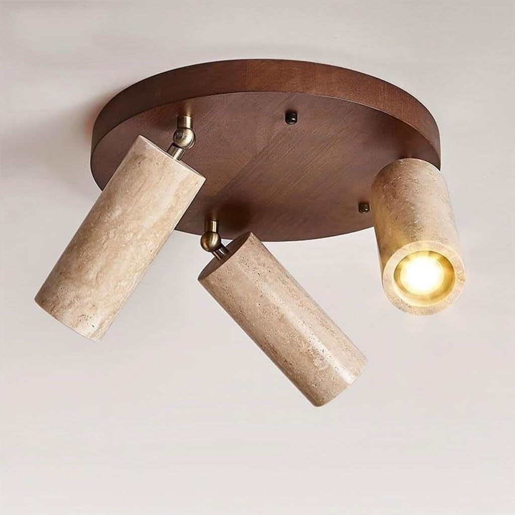 COSRUB Nordic 3 Lights Ceiling Lamp, Adjustable Cylinder Travertine Spotlights Japanese Stone Wood Close to Ceiling Light Fixtures for Hallway Entryway Stairs