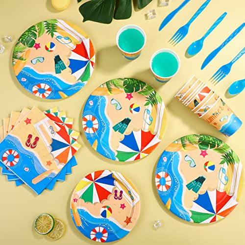Adxco 192 Pieces Beach Party Supplies Summer Pool Party Tableware Set Including Beach Party Paper Plates Napkins Cups Forks Knives Spoons For Hawaii Party Beach Birthday Party Favor Decoration #TOP3