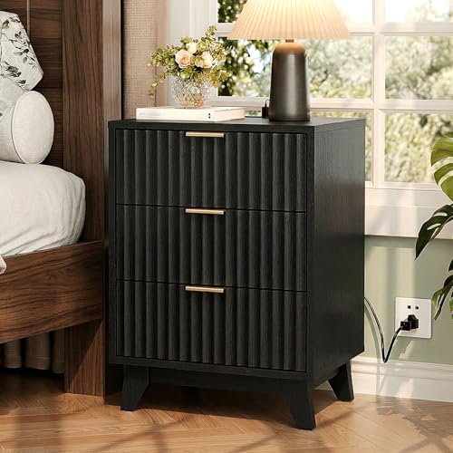 Image of VINGLI Black Fluted Nightstand with Charging Station,3 Drawer Black Wood Nightstand for Bedroom, Modern Night Stand with Drawers, Fluted Bedside Table /End Table /Side Table, 17.72 inch W, 1 pc