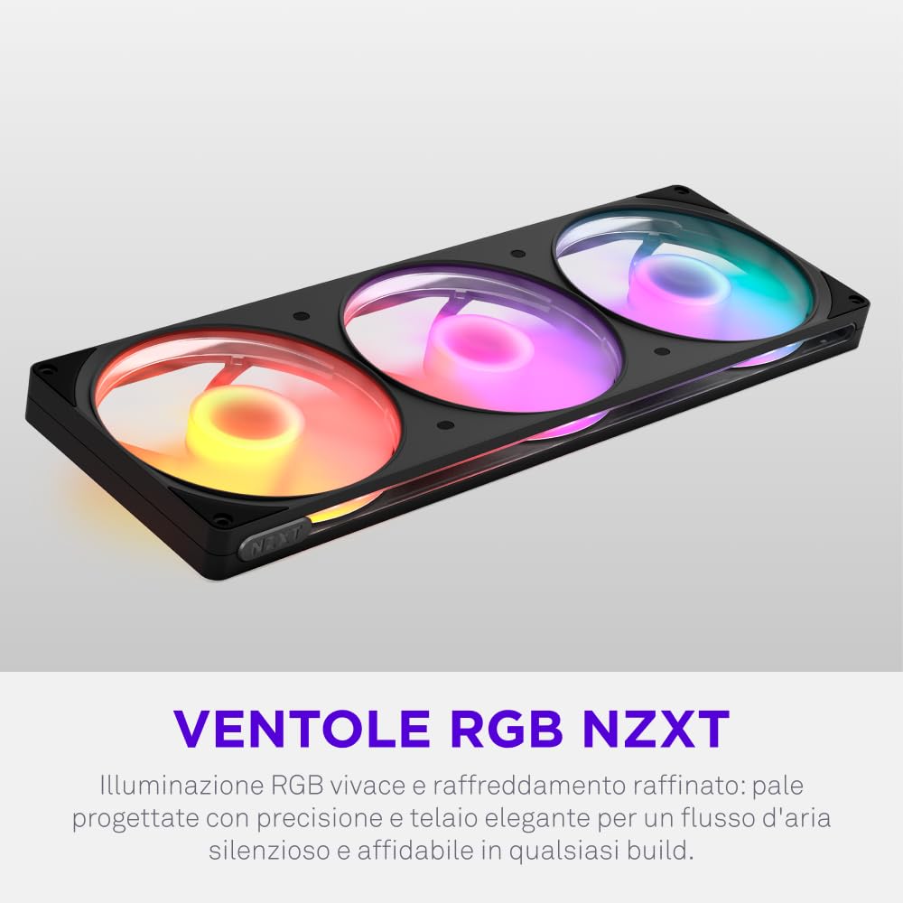 NZXT F420 RGB - Ventola RGB PWM Monoscocca 420mm - Nero | Unità monoscocca 420mm con tre ventole RGB PWM 140mm. RGB vivace e cuscinetti fluidodinamici per raffreddamento silenzioso.