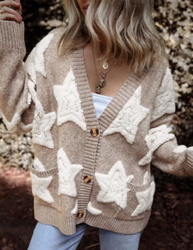 Women's Star Print Button Down V Neck Drop Shoulder Open Front Knit Cardigan Sweater3