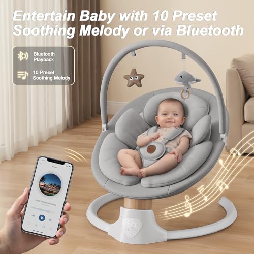 Image of Baby Swings for Infants, FasonBaby Electric Baby Swing with Music Speaker, 5 Speeds, Remote Control and Bluetooth - Portable Infant Swing for Indoor and Outdoor (Gray)