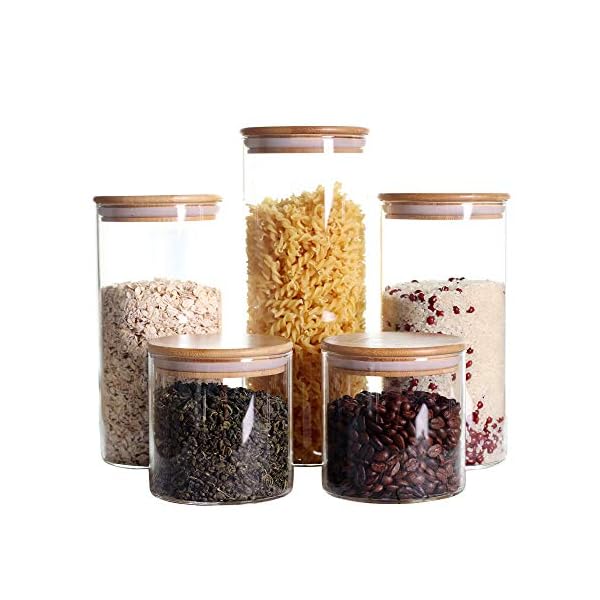 LEAVES AND TREES Y Stackable Kitchen Canisters Set, Pack of 5 Clear Glass Food Storage Jars Containers with Airtight Bamboo Lid for Candy, Cookie, Rice, Sugar, Flour, Pasta, Nuts LEAVES AND TREES Y Stackable Kitchen Canisters Set, Pack of 5 Clear Glass Food Storage Jars Containers with Airtight Bamboo Lid for Candy, Cookie, Rice, Sugar, Flour, Pasta, Nuts