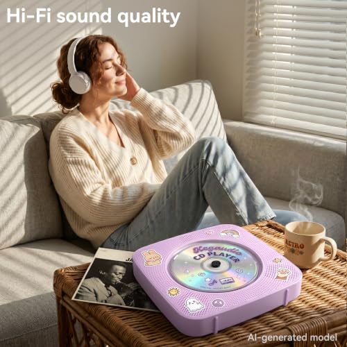 Image of CD Player Portable Bluetooth Rechargeable: CD Players for Home Kegaudio 1800mAh Desktop Wall CD Player with Speakers with Dust Cover FM Radio USB Remote Control