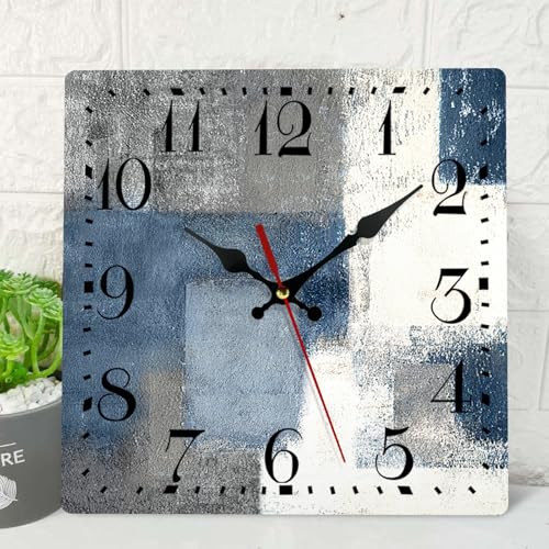 ArtSocket Wooden Wall Clock Silent Non-Ticking, Blue Grey Abstract Painting