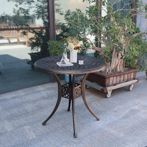 Image of 30.7 inch Outdoor Round Cast Wrought Aluminum Patio Metal Dining Table with Umbrella Hole, Cast Aluminum Frame Bistro Table for Backyard Lawn Balcony Deck, Bronze