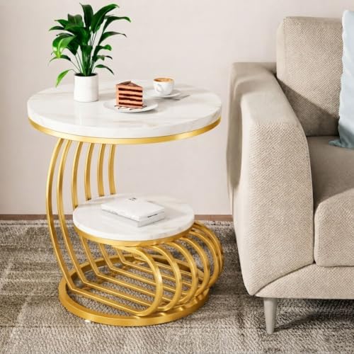 Image of Modern Double-Top Coffee Table with Rustic Farmhouse Accent, Multipurpose Living Room Bedroom, Two-Tier Small Sofa Side Bedside Table with Metal Frame Nightstand (White Gold Mg)