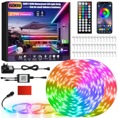 45M Outdoor LED Strip Lights, IP68 Waterproof Color Changing RGB LED Light Strips with IR Remote and APP, 24V Music Sync Led Rope Lights, Flexible Outdoor DIY Tape Lights for Balcony Deck Garden Pool