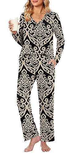 Bestbee Women's Pajama Set, 2 Piece Lounge Outfits V Neck Sleepwear Fall Long Sleeve Long Pants With Pockets Ladies Pjs