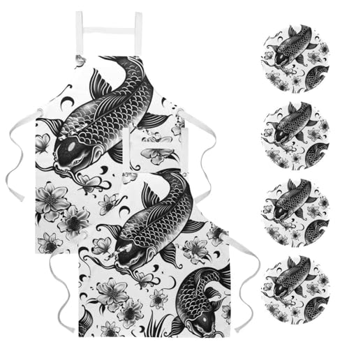 Lot tablier tatouage japonais poisson, le cadeau de cuisine idéal