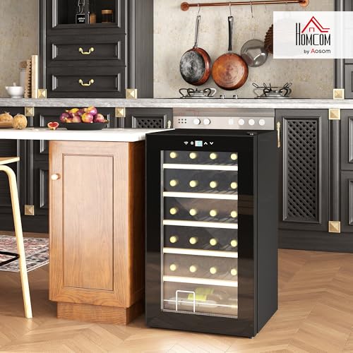 HOMCOM Cantinetta Vino Refrigerata 24 Bottiglie 65L Cantina Vino Silenziosa Temperatura Regolabile 5-20℃ Frigo Vino Bar con Vetro Anti UV, Ripiani, Compressore, Display Touch, Luci LED, Classe G, Nera - immagine 3