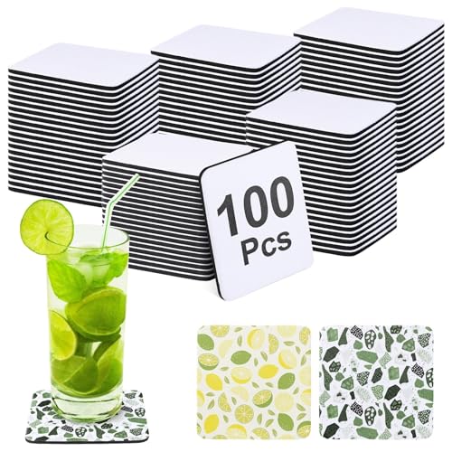 YOFAPA Lot de 100 dessous de verre vierges pour sublimation - 10,2 x 10,2 cm - Tapis de tasse vierge en caoutchouc antidérapant pour transfert de chaleur -...