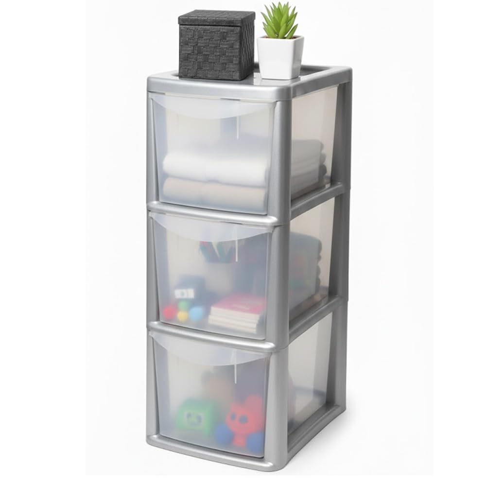 SIDSONS 3 Drawer Plastic Storage Organizer tower unit A5 Storage Drawers Desktop Table Small Chest of Drawer Bedroom Cosmetics Stationary Organizer Silver/Clear Height 48cm, Width 19cm, Depth 25cm