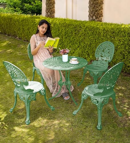 Image of BRISHI Cast Aluminium Garden Patio Seating Chair and Table Set for Balcony Outdoor Furniture with 1 Table and 4 Chair Set (Green)