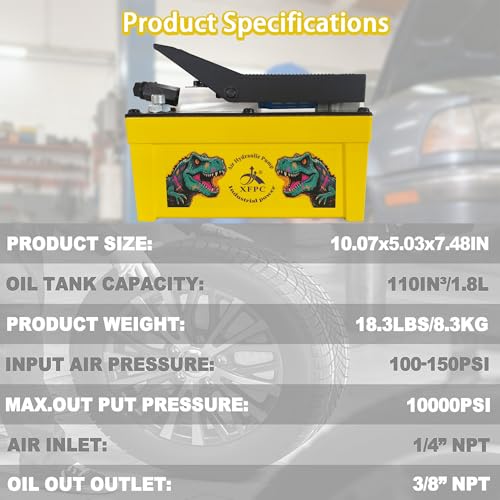 Image of Air Hydraulic Pump 0.45 Gal 10,000 PSI Reservoir NPT 3 /8 inch Oil Outlet, NPT 1 /4 inch Inlet, Air Hydraulic Foot Pump Made of Aluminum, Yellow