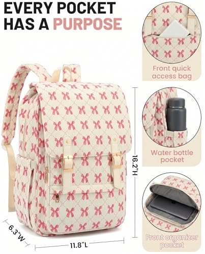 Image of Corduroy Laptop Backpack for Women, Fits 15.6 Inch Computer Bag, College Bookbag Travel Daypack Purse, Work Business Bags - Corduroy Bow Pink