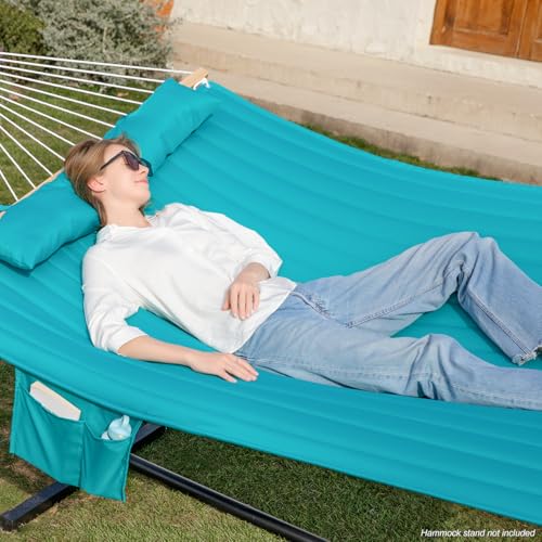 Image of GAFETE Hammock 2 Person Quilted Fabric Hammocks for Outside, Double 12ft Hammocks with Spreader Bar, Large Removable Pillow, Storage Bag, Carabiners, Max 475 lbs Capacity (Canyon Creek Aqua)