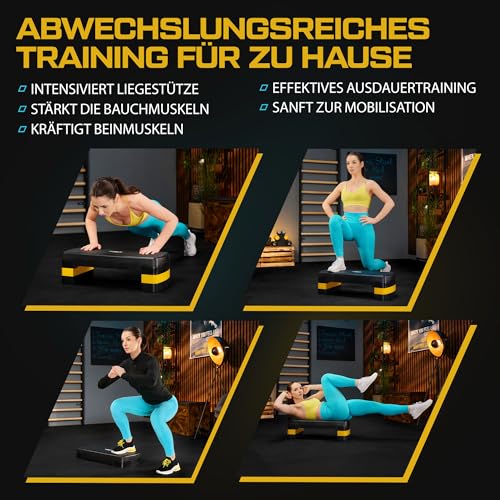 TREX SPORT Steppbrett für zuhause höhenverstellbar TX-030AS | 68×28×10/15/20cm Aerobic Stepper 3 Stufen, rutschfest, bis 350kg belastbar | Stepboard Gelb