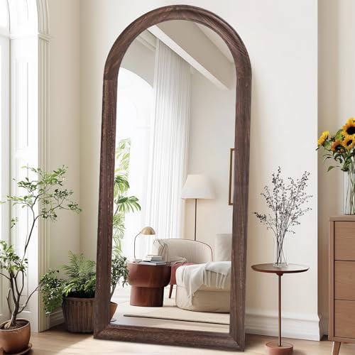 Image of 71x32 Solid Wood Arched Full Length Mirror, Elegant Brown Finish