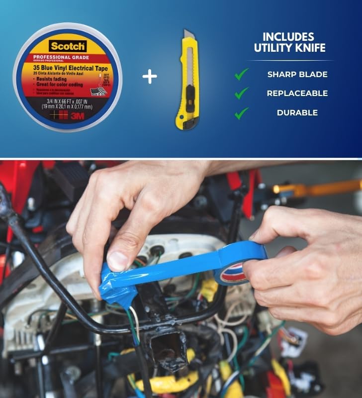 Image of Scotch 3 /4 in. W X 66 ft. L Blue Vinyl Electrical Tape Bundle with Utility Knife - Electrical Tape for Color Coding & Insulation - Indoor /Outdoor Use - (2 Items)