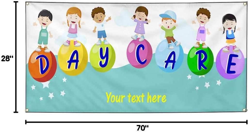 Custom Industrial Vinyl Banner Multiple Sizes Day Care Style B Personalized Text Here Lifestyle Outdoor Weatherproof Yard Signs Red 4 Grommets 28x70Inches
