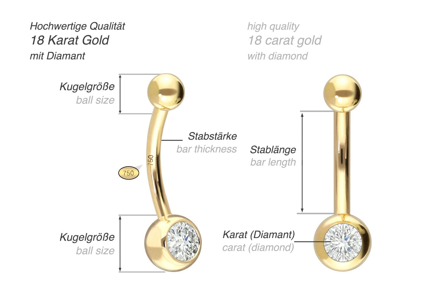 PIERCINGLINE 18 Karat Gelbgold Mini Bananabell DIAMANT 0,25 kt. Piercing Bauchnabelpiercing 10 mm