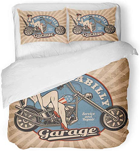 Juego de funda nórdica de decoración Pin Up Girl en motocicleta Monocromo Blanco vintage Todo el texto es el conjunto de ropa de cama de impresión de tela de microfibra cepillada separada de 3 piezas