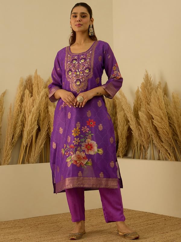 Image of VredeVogel Women's Embroidered Chanderi Silk Jacquard Straight Kurta Pant Set with Dupatta | Perfect for Festive & Casual Ethnic Wear Kurta Set